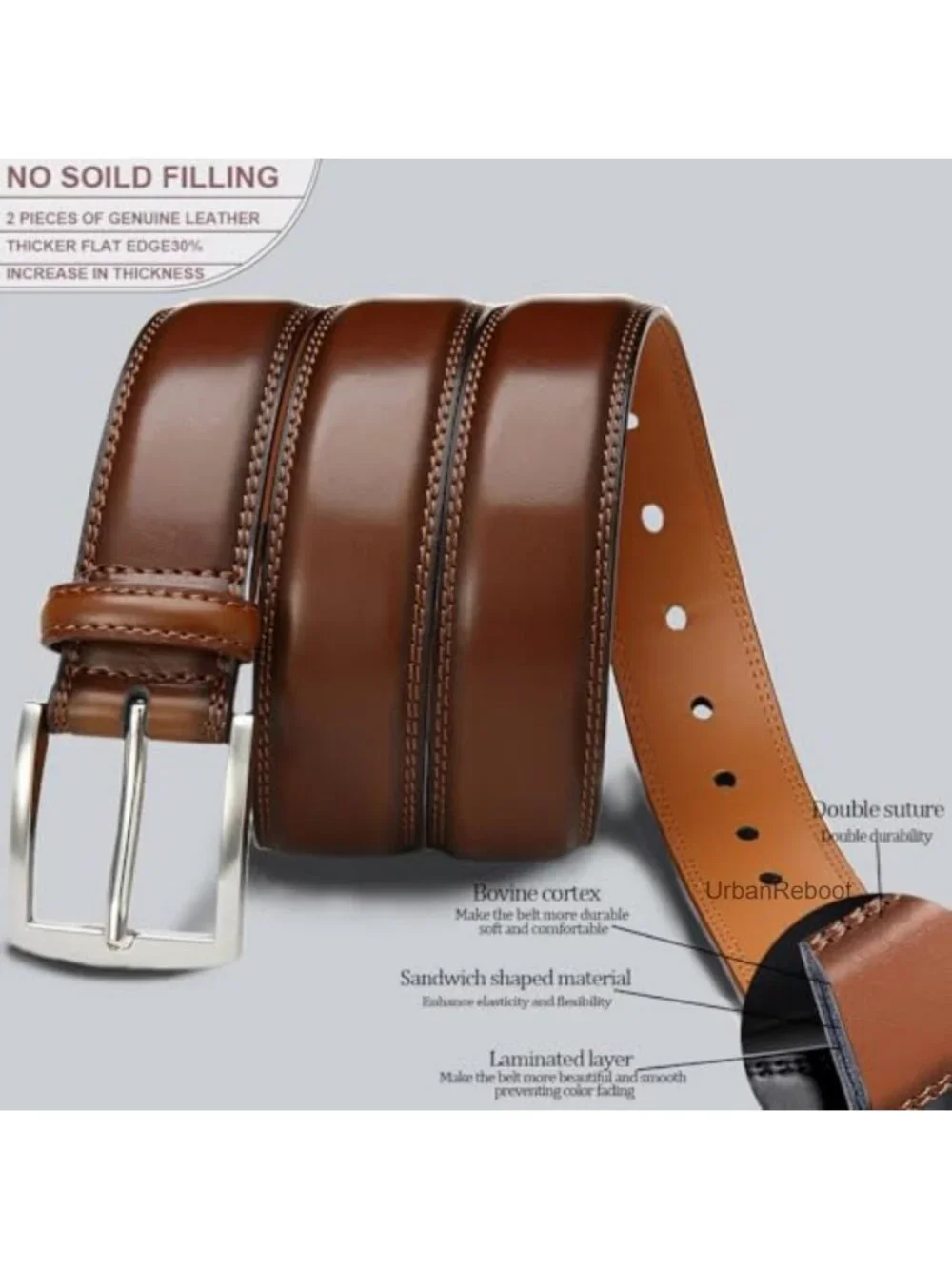 Men's Genuine Leather Dress Belts 2 Pack 1.32 Inch Wide with Prong Buckle